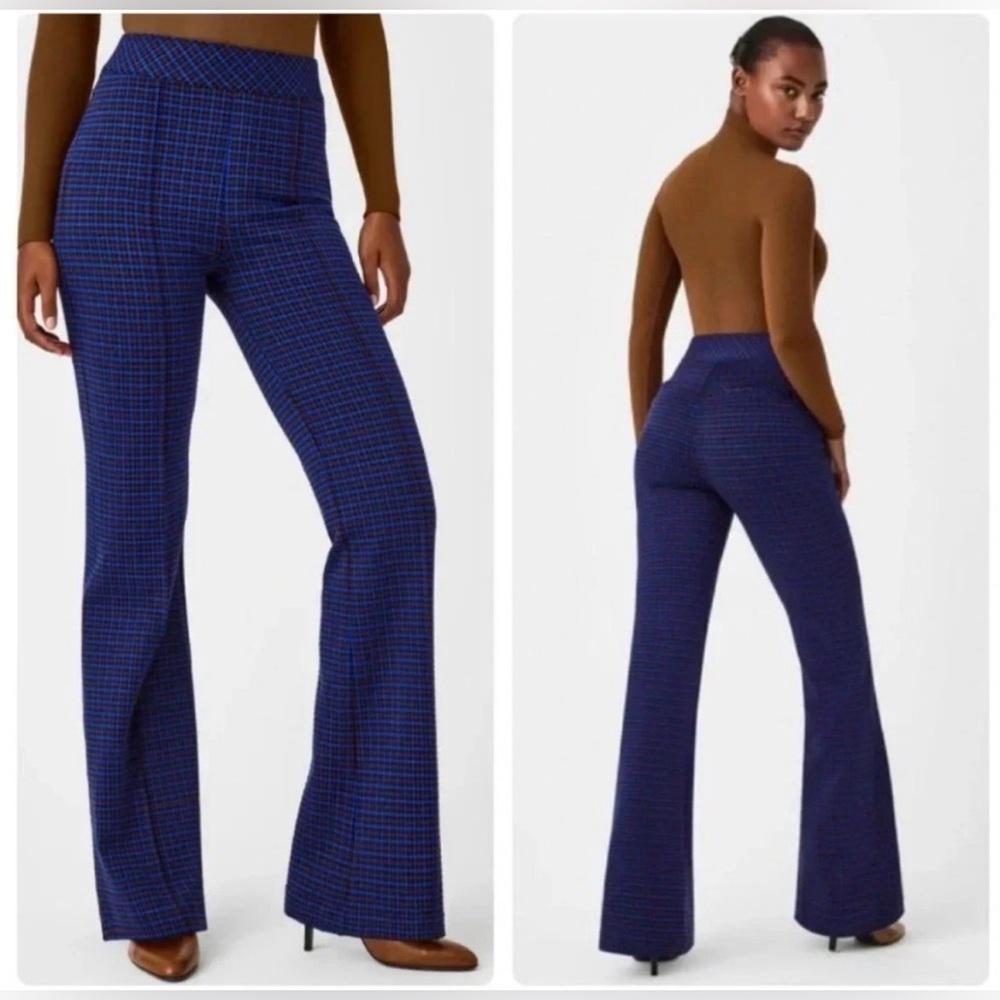NWT SPANX Hi-Rise Flare Perfect Pant in‎ Blue Brown Houndstooth Jacquard Sz LP